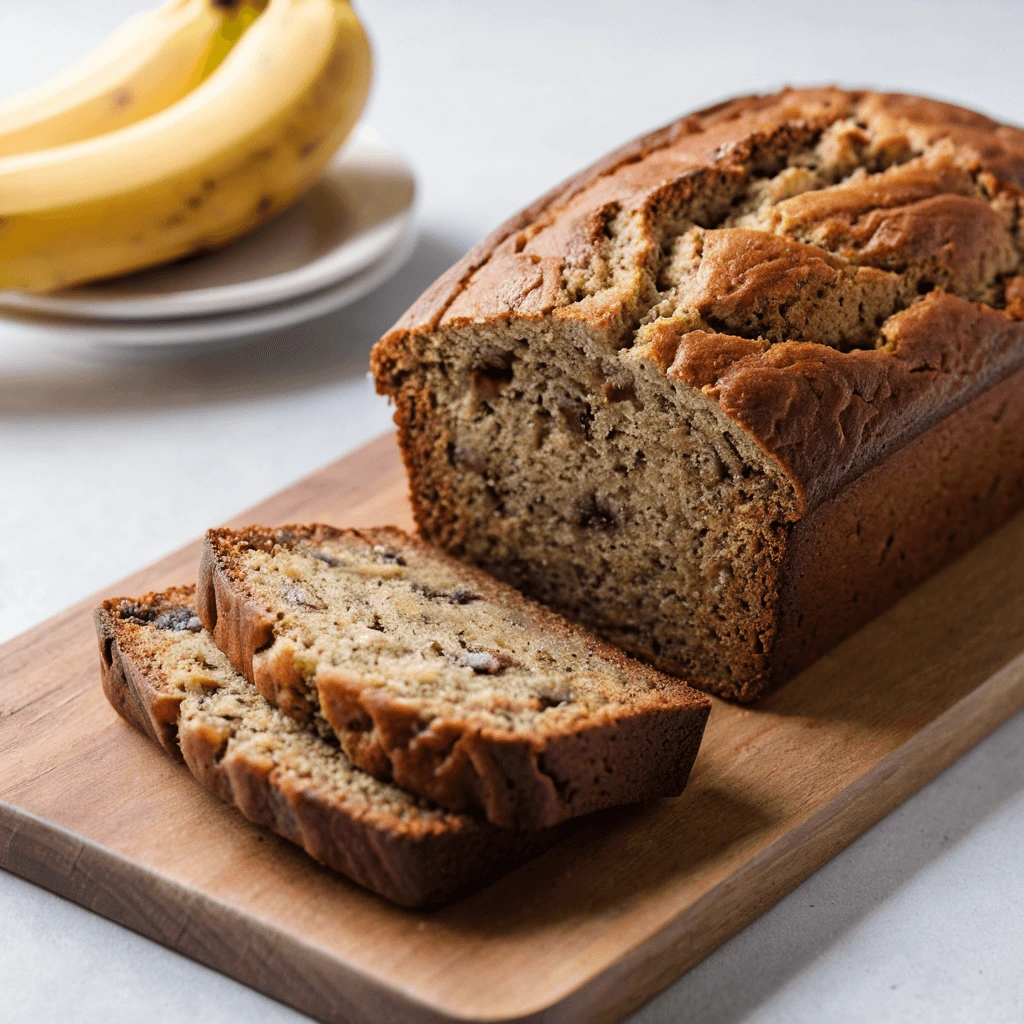 Freshly baked banana bread loaf on a wooden board with slices cut, showcasing its moist texture