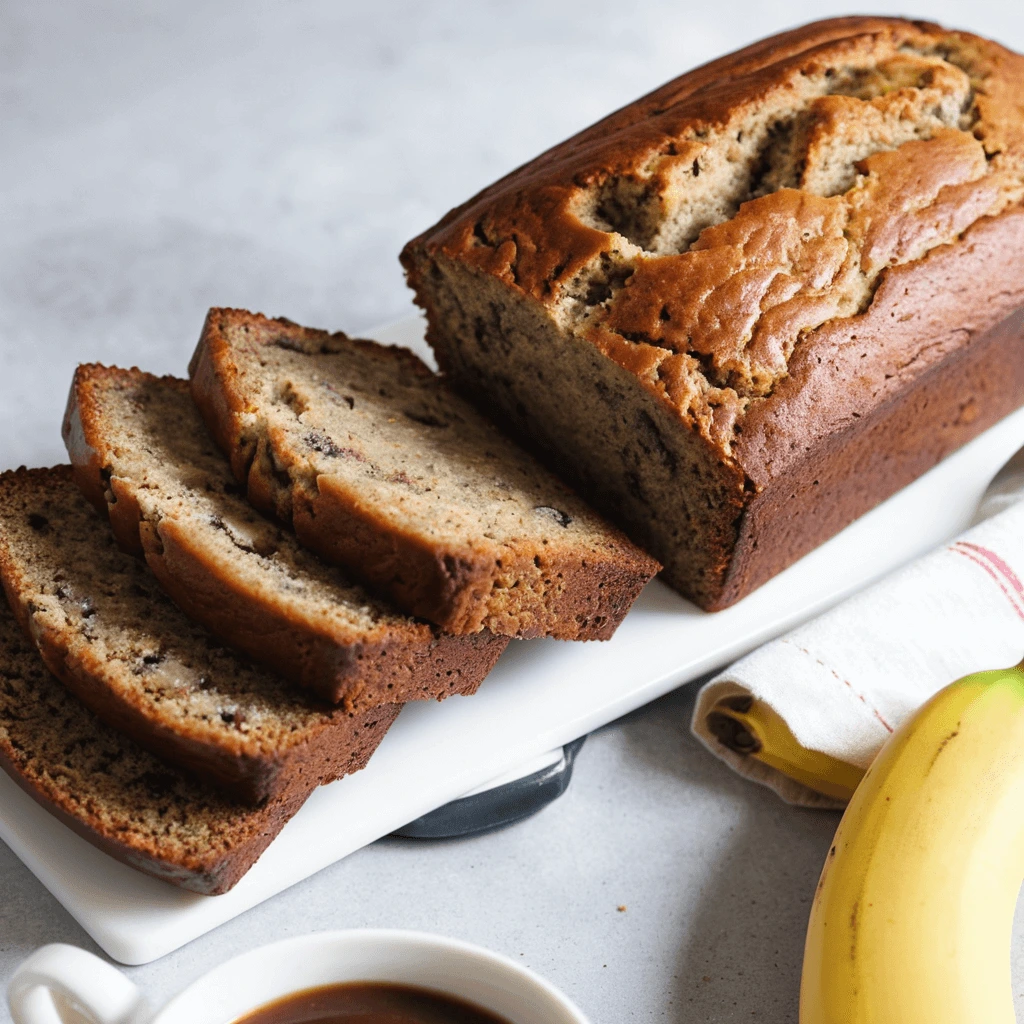 Homemade banana bread loaf surrounded by baking ingredients like bananas, eggs, and flour