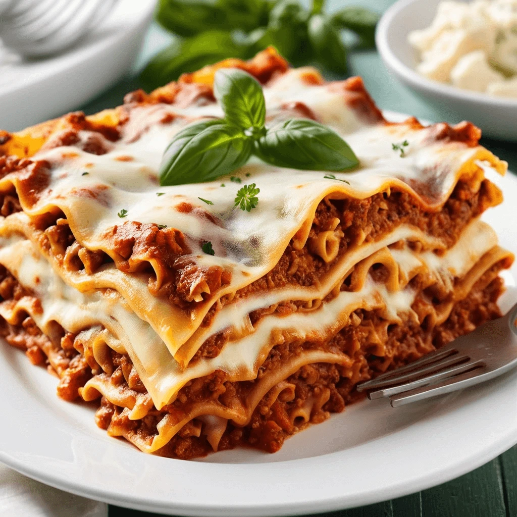 Classic Italian lasagna with bubbling cheese, layered pasta, and rich marinara sauce served in a baking dish