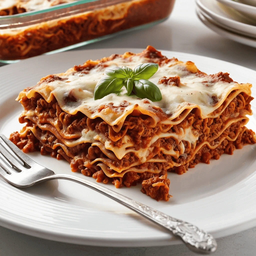 Freshly baked lasagna with golden cheesy top and rich layers of sauce, meat, and pasta on a wooden table
