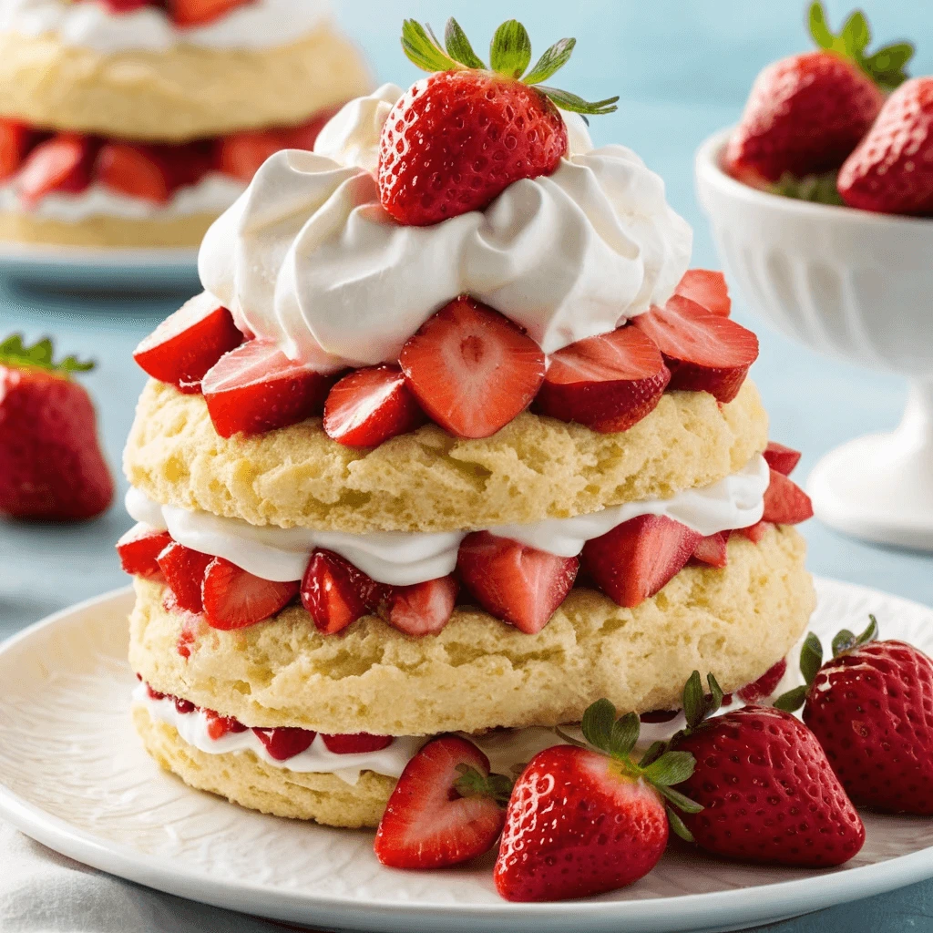 A close-up of cake with fluffy whipped cream, layered over a light sponge cake, and topped with fresh strawberries and powdered sugar on a rustic wooden table.