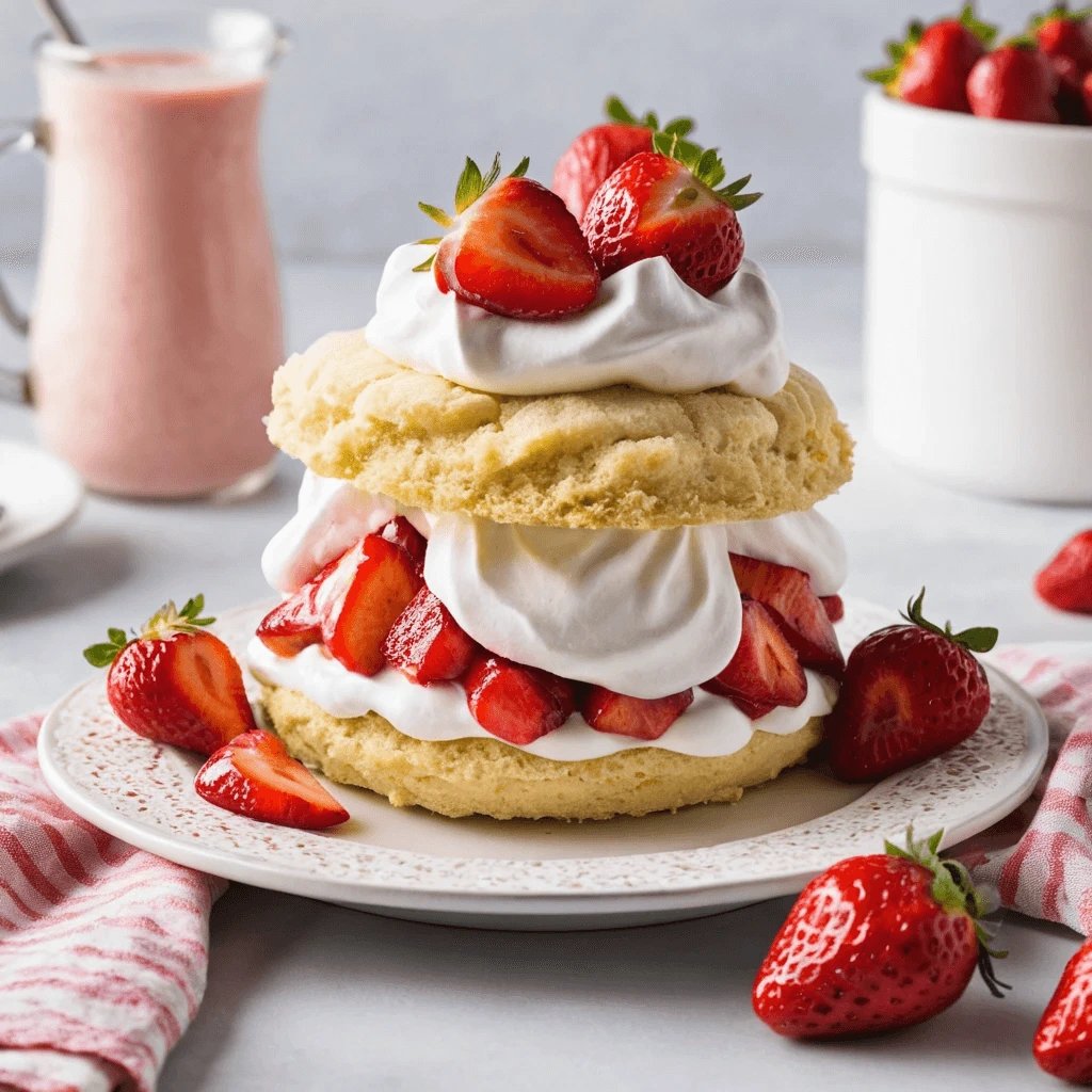 A freshly prepared strawberry shortcake featuring layers of golden biscuits, vibrant red strawberries, and fluffy whipped cream, garnished with a sprig of mint on a white plate