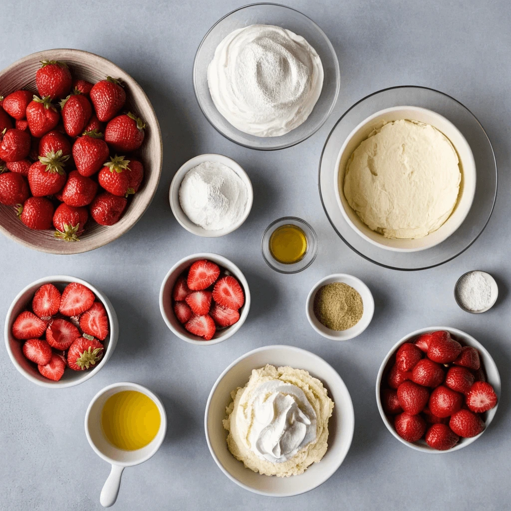 A modern twist served as individual cups with layers of strawberries, biscuit crumbles, and whipped cream in a glass.