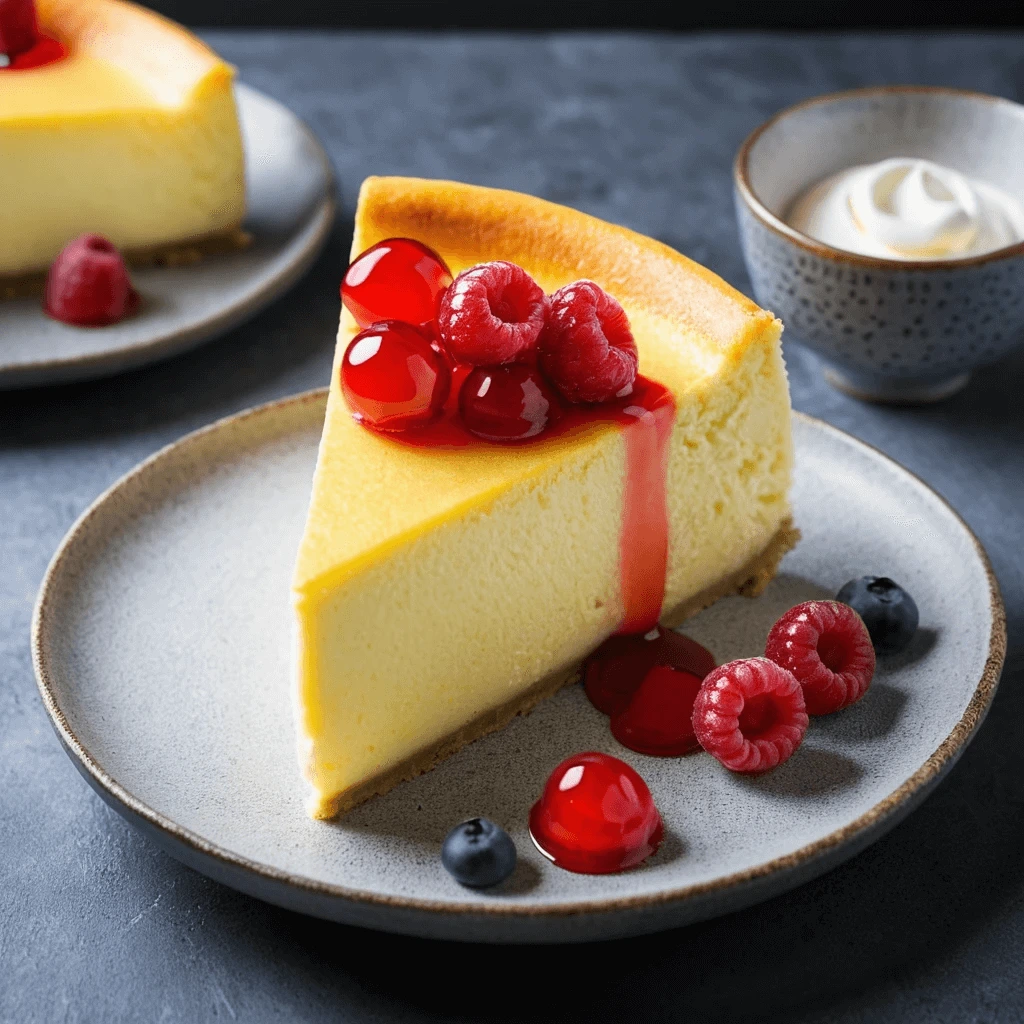 Fluffy and creamy Japanese cheesecake with a golden top, served on a plate with fresh berries and a light dusting of powdered sugar