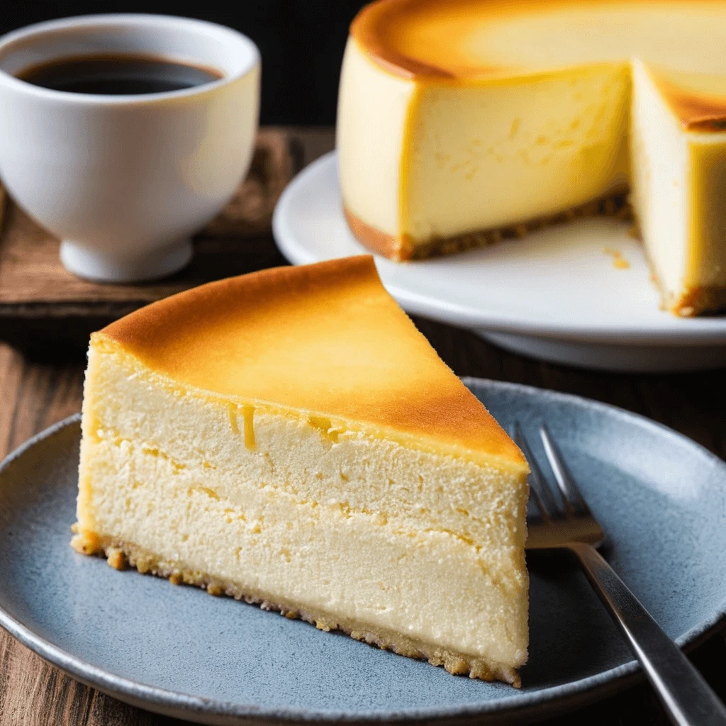 Japanese cheesecake with a smooth, golden-brown top, elegantly garnished with a sprig of rosemary and lemon zest on a white plate