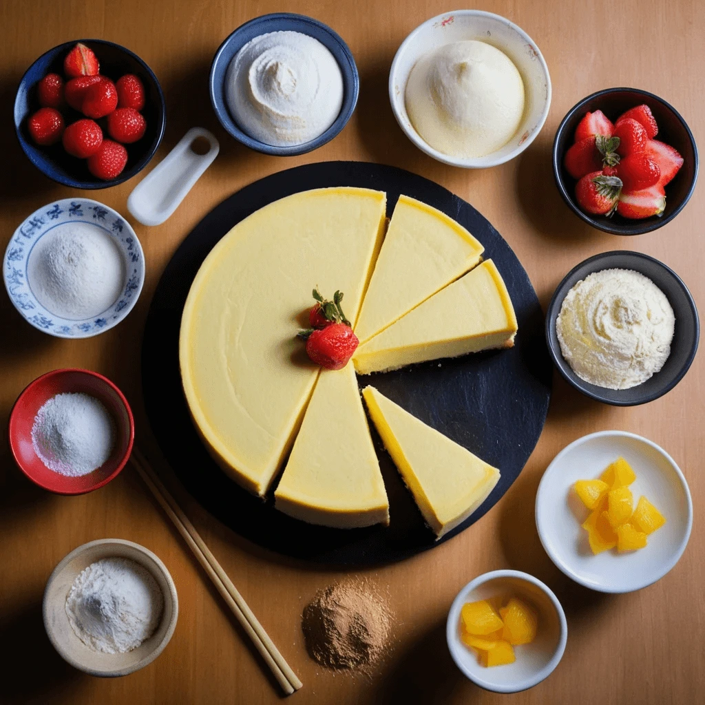 A decadent Japanese cheesecake topped with mixed berries and a drizzle of citrus syrup, resting on a rustic wooden table