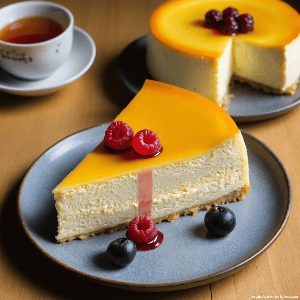 Close-up of a sliced Japanese cheesecake showing the soft, jiggly texture and creamy filling inside, served with a light dusting of powdered sugar