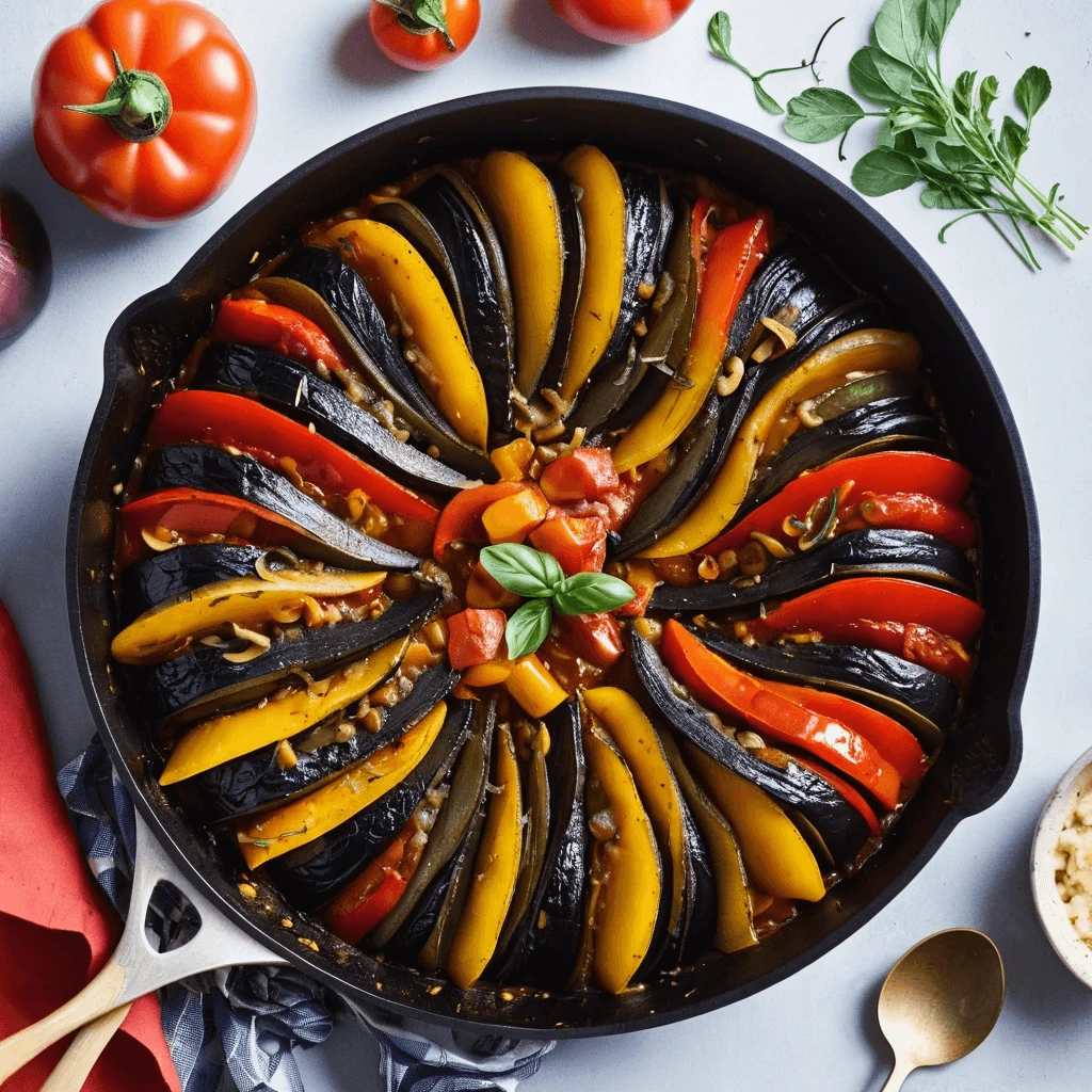 A colorful ratatouille dish with thinly sliced eggplant, zucchini, bell peppers, and tomatoes arranged in a spiral pattern and garnished with fresh herbs