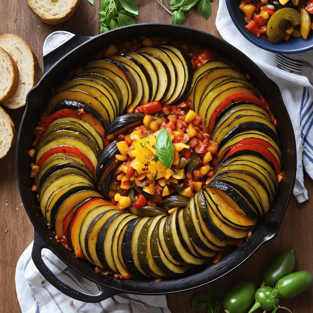 Vibrant ratatouille dish topped with fresh basil and thyme for a classic Mediterranean presentation