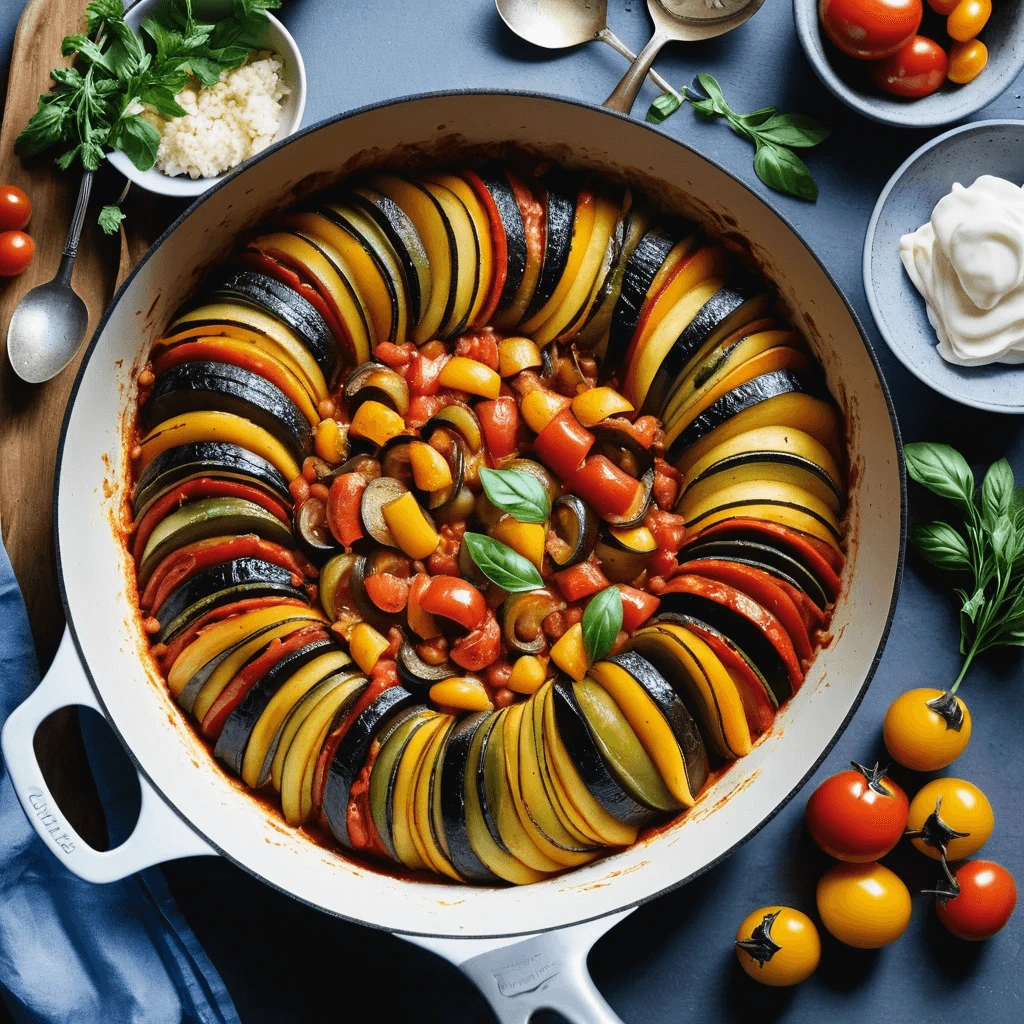 Ratatouille served in a rustic baking dish with layers of colorful vegetables and a drizzle of olive oil