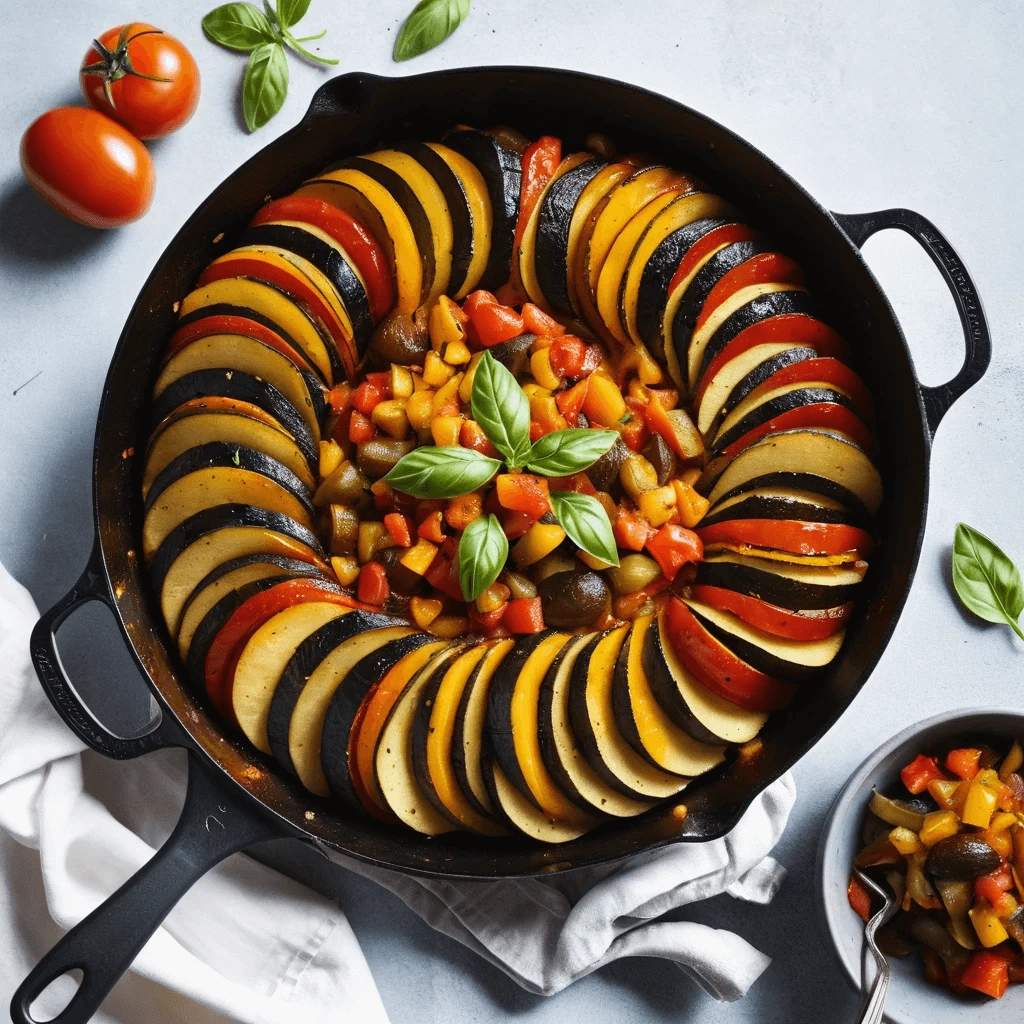 A rustic French ratatouille recipe with colorful layers of zucchini, eggplant, and tomatoes baked in a rich herb-infused sauce