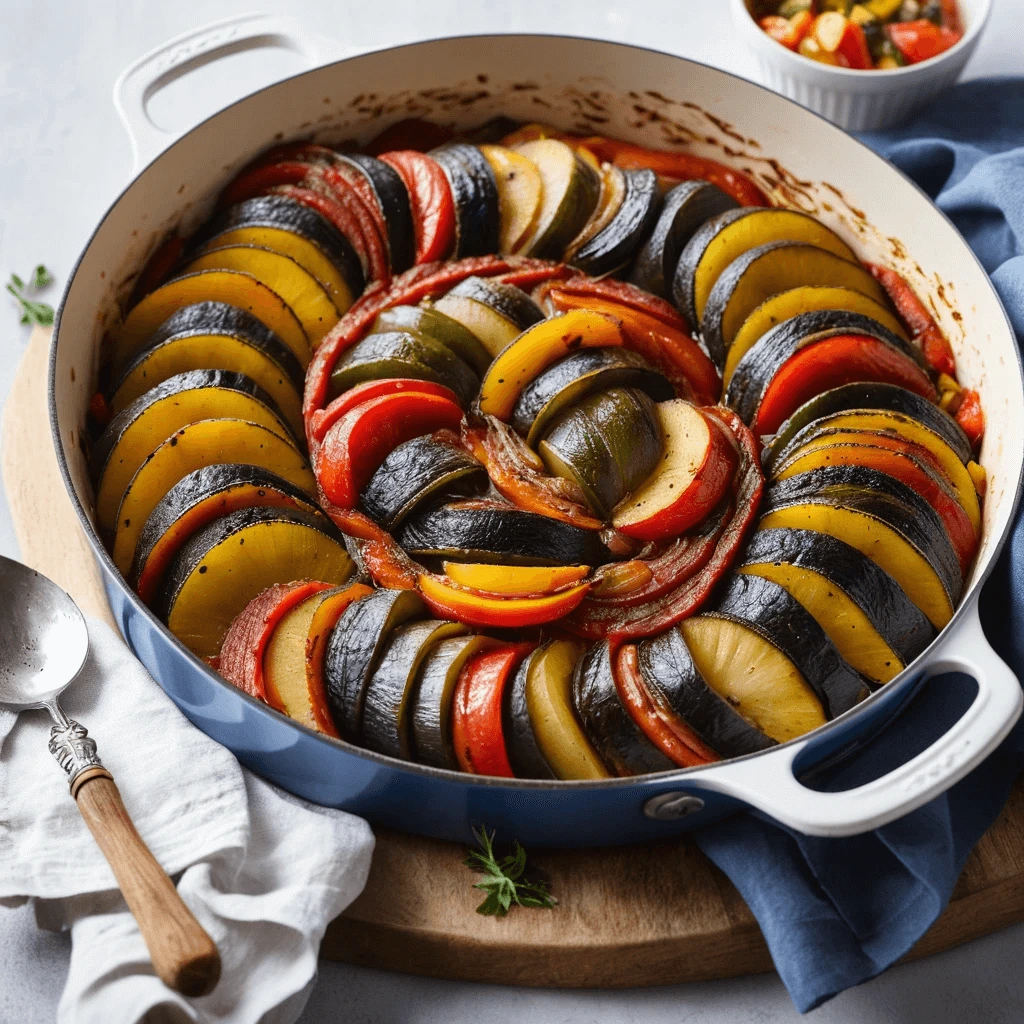 Thinly sliced vegetables in a circular arrangement, creating a vibrant ratatouille dish topped with fresh thyme and basil