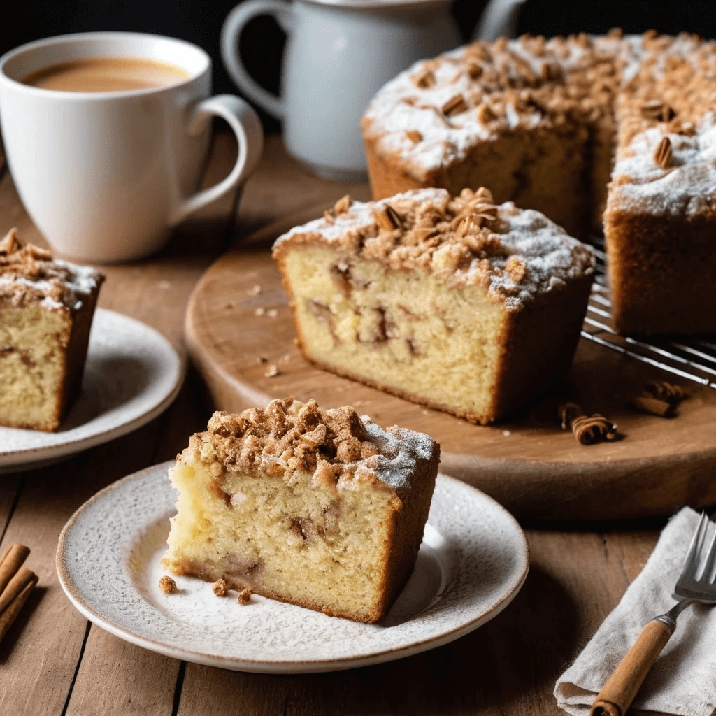 A freshly baked coffee cake with a rich golden-brown crust, topped with cinnamon sugar streusel, showing a moist and tender crumb inside