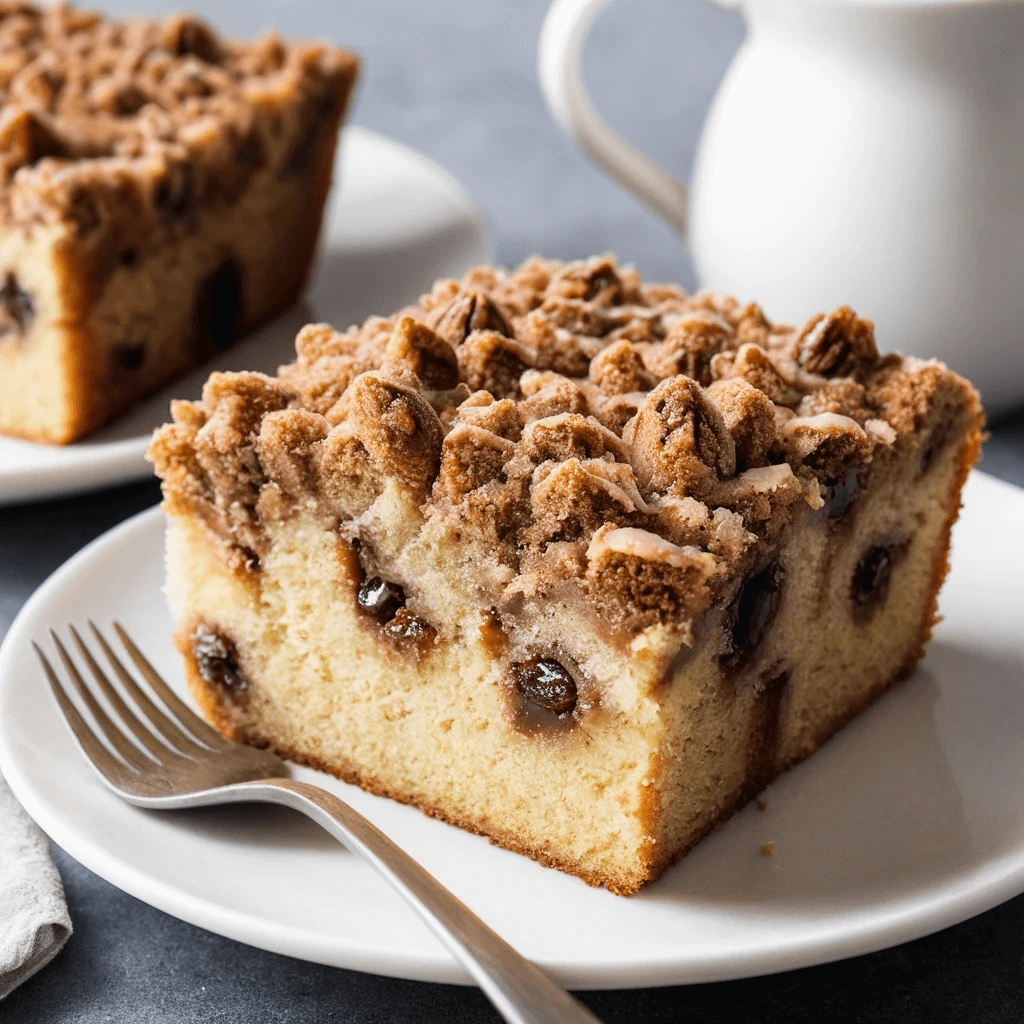 Delicious slice of homemade cake with a cinnamon streusel topping and a tender, fluffy interior, ready to enjoy