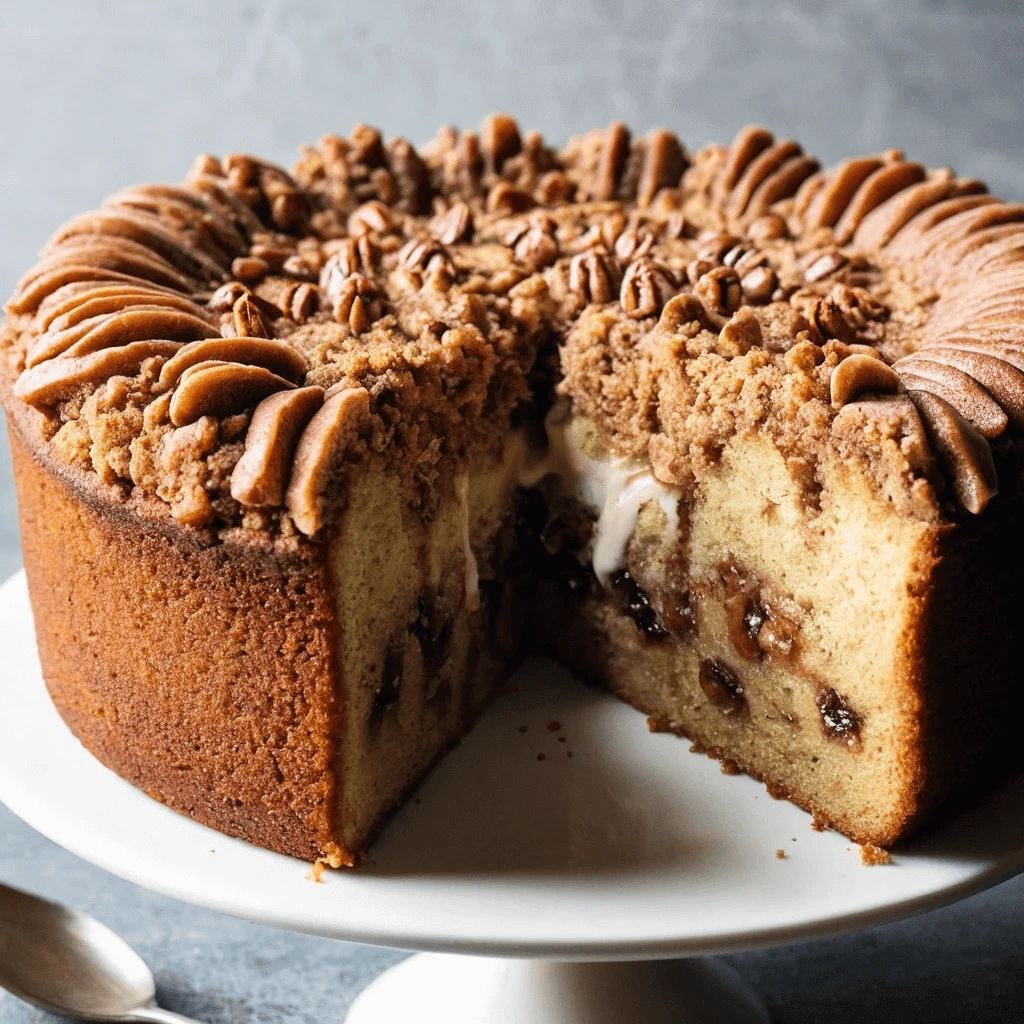 A slice of freshly baked coffee cake with a golden-brown cinnamon streusel topping and a light, fluffy interior