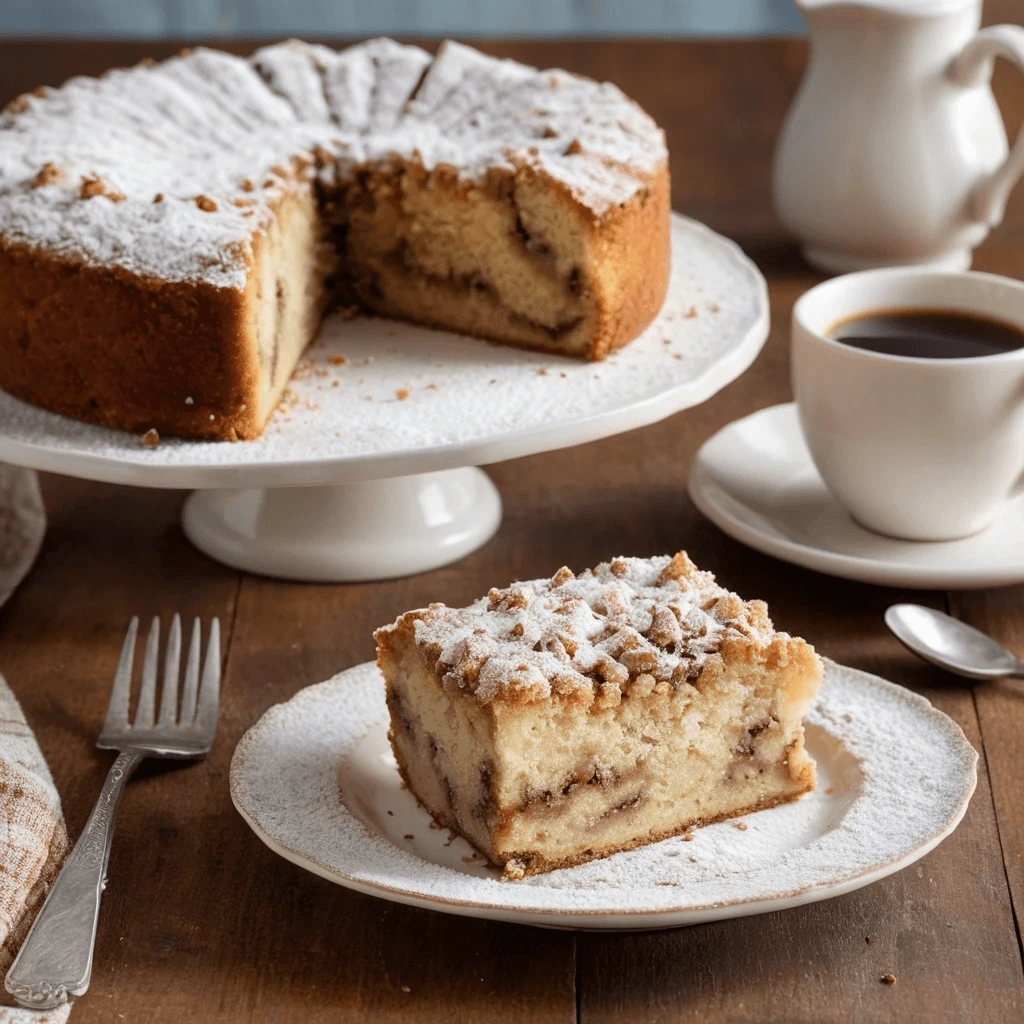 A delicious slice of homemade coffee cake with a crumbly topping and warm, inviting texture