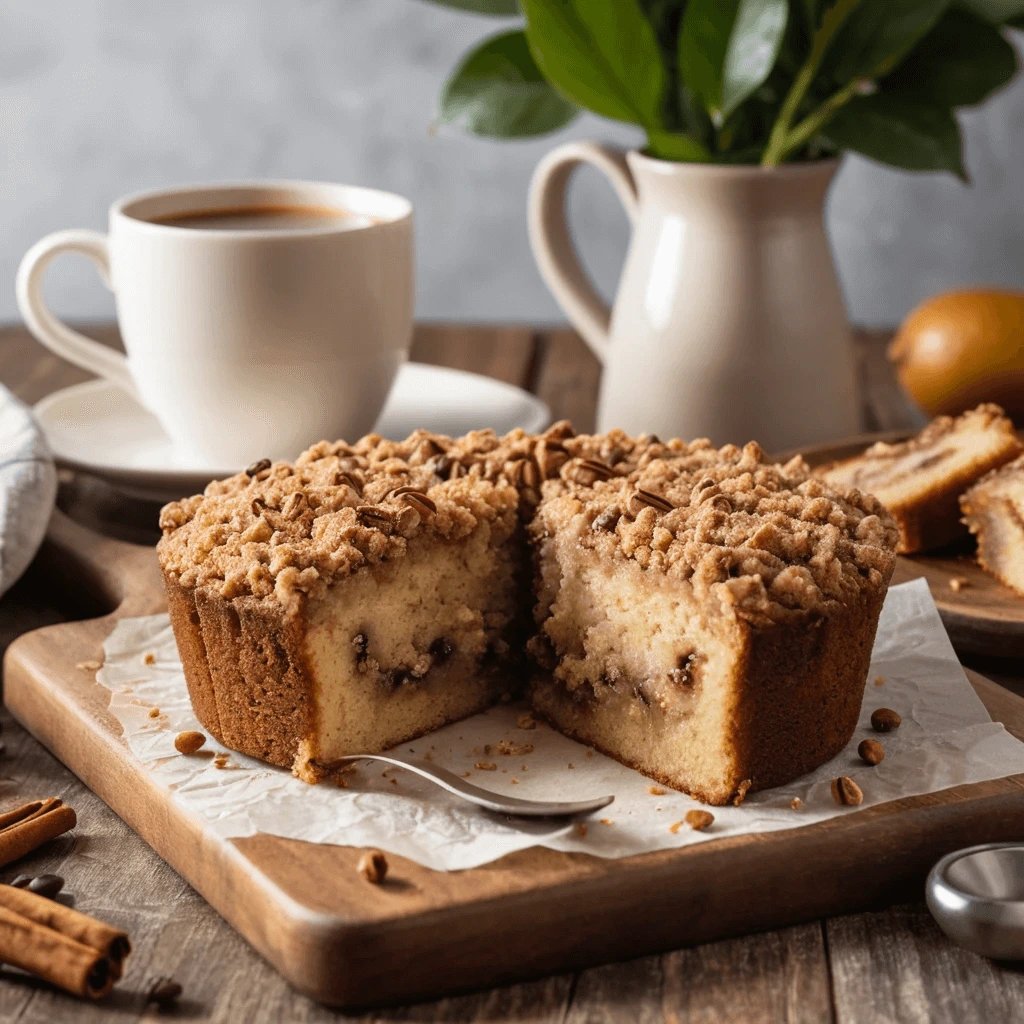 Close-up of a freshly baked coffee cake with a golden-brown crust, topped with a sweet cinnamon streusel, and a soft, moist interior