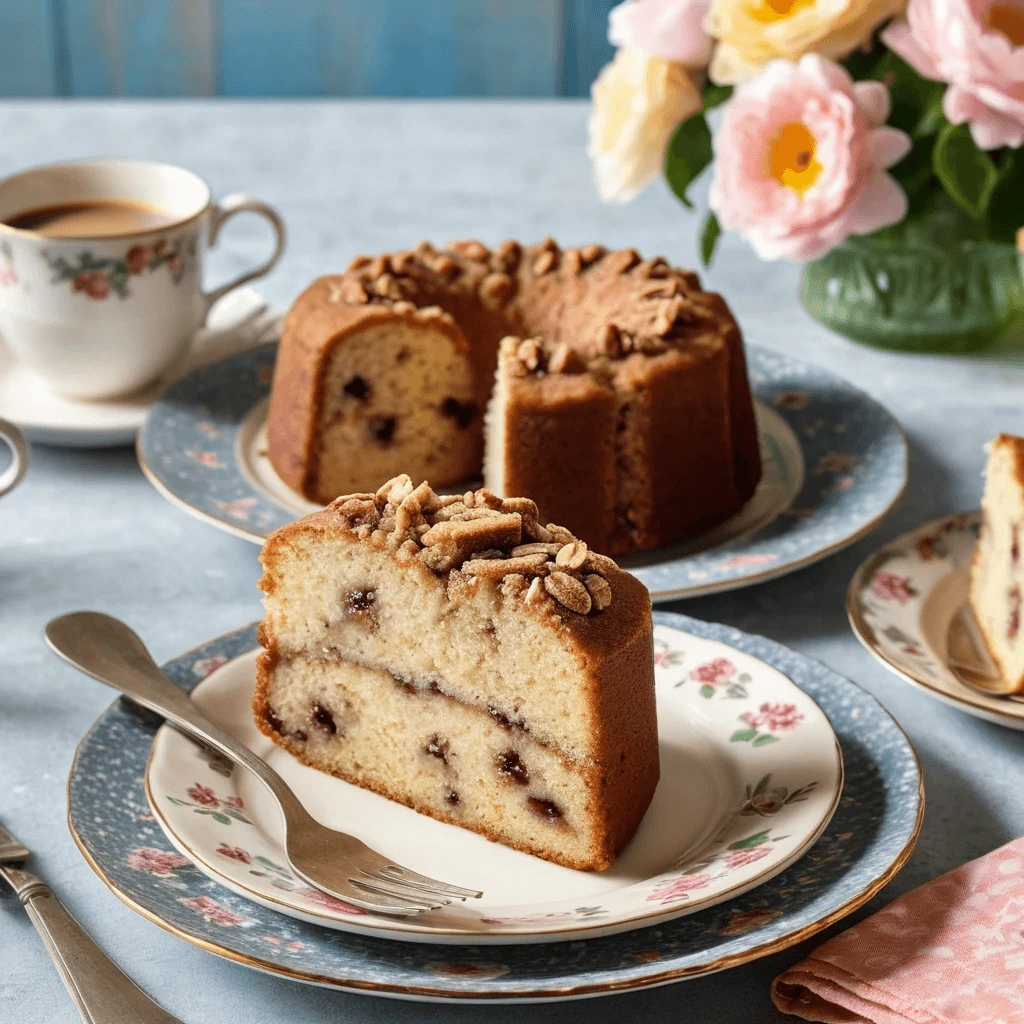 Freshly sliced homemade cake topped with a crumbly cinnamon streusel, showcasing its soft and moist texture