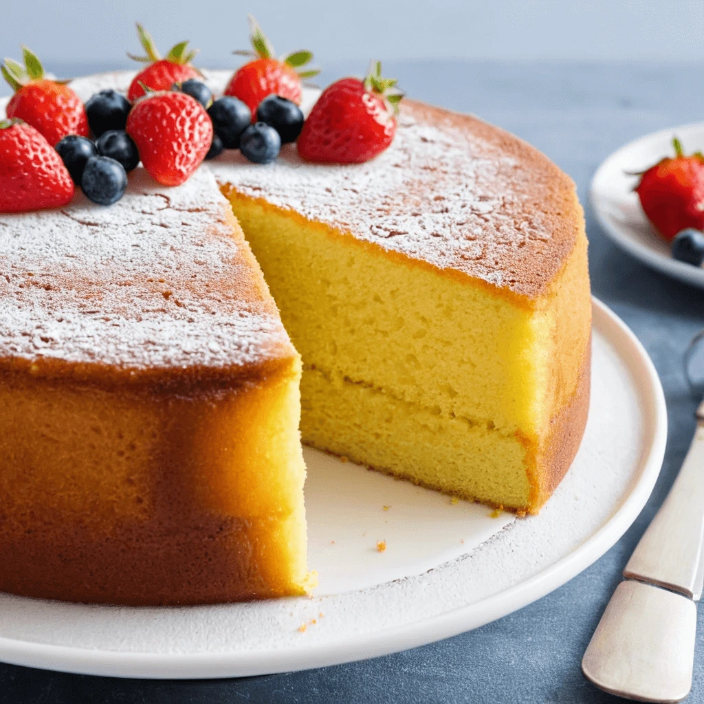 Light and fluffy sponge cake topped with fresh cream and berries.