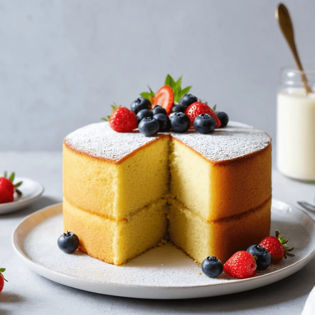 Sponge cake cooling on a wire rack after baking.