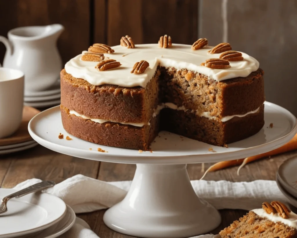 Moist cake topped with a thick layer of cream cheese frosting and a sprinkle of chopped walnuts