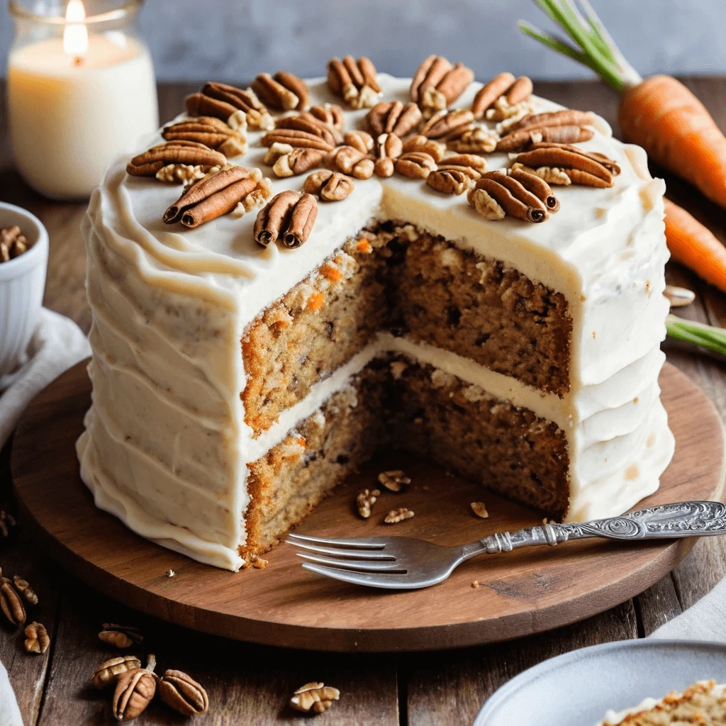 "Freshly baked carrot cake with a layer of cream cheese frosting and decorative walnut toppings