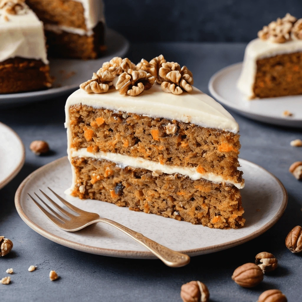 Slice of carrot cake on a plate with a fork, topped with a swirl of frosting and sprinkled with walnuts