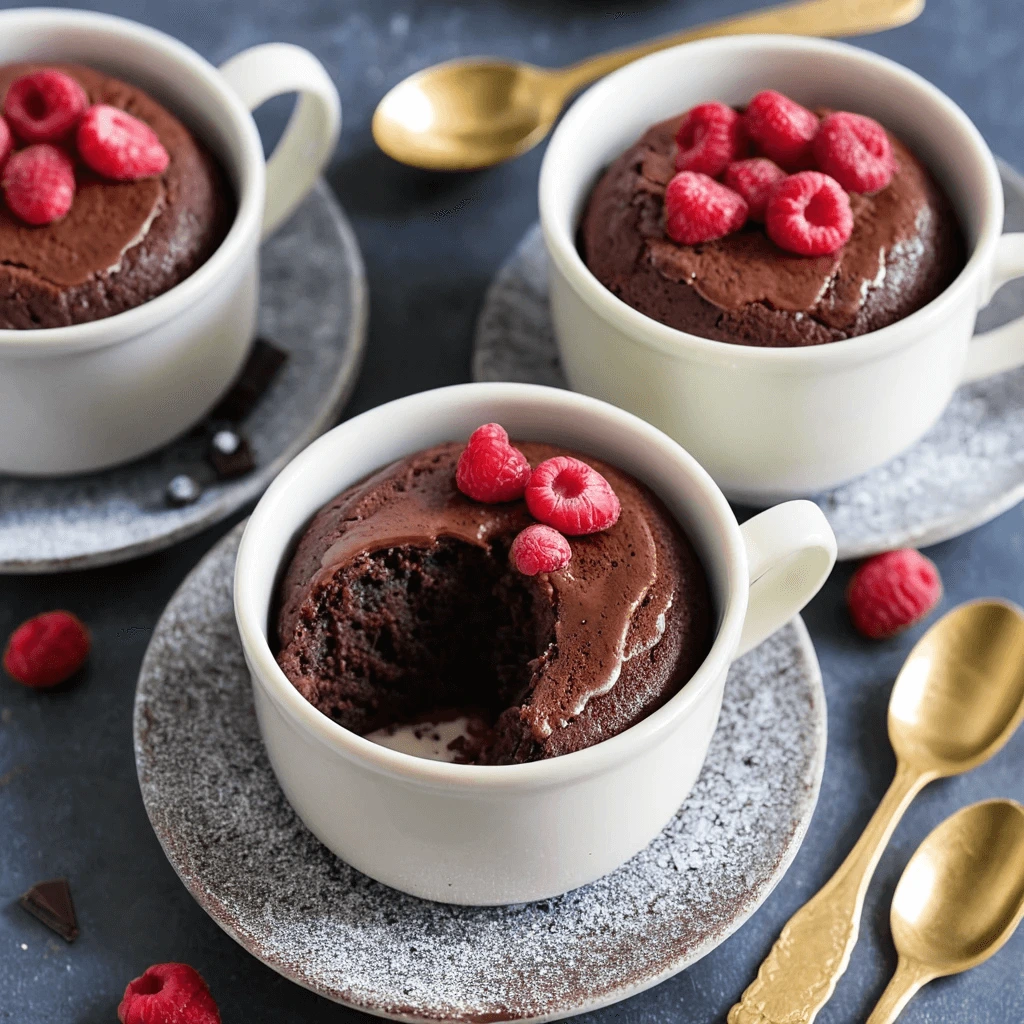 Close-up of a fluffy chocolate mug cake with a spoon ready to dig in, garnished with chocolate chips.