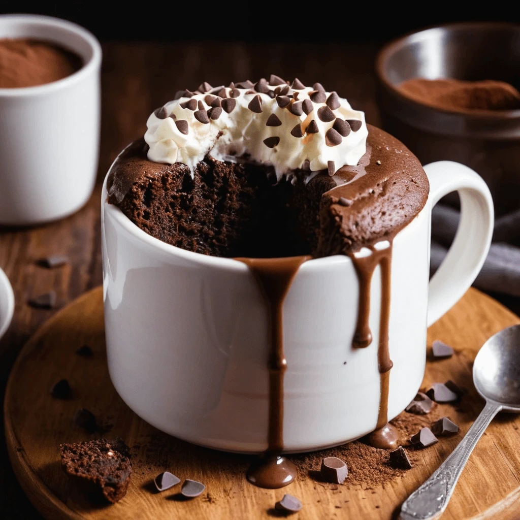 A steaming, freshly baked served with a spoon and topped with chocolate syrup.