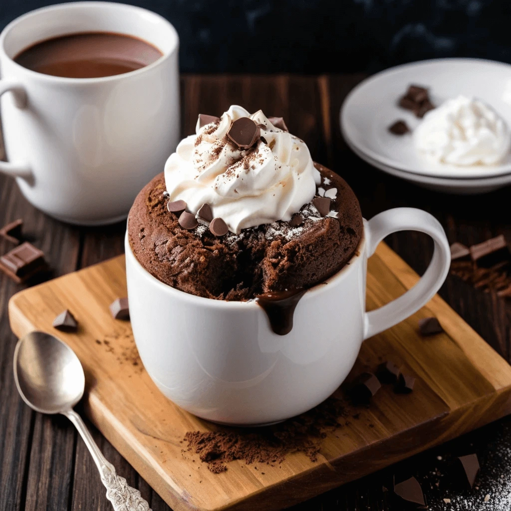 A chocolate mug cake with a soft, gooey center, topped with vanilla ice cream and sprinkles.